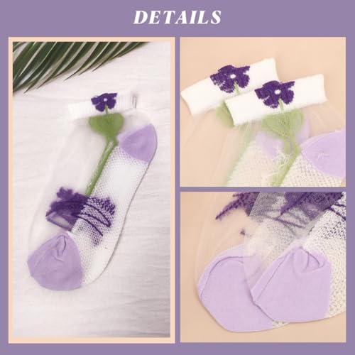 Image of Womens Girls Nylon Socks Sheer Summer Transparent Ankle Socks Mesh Thin Novelty Socks Lilac Flower