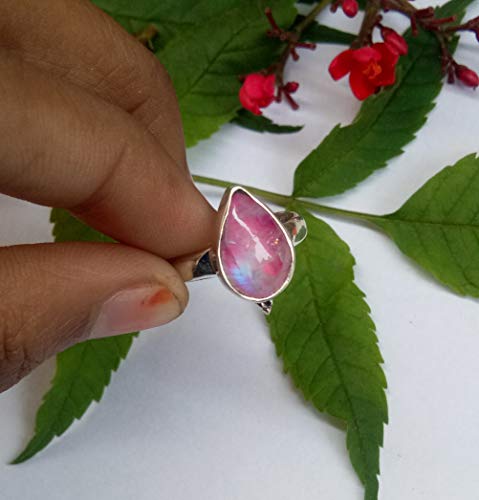 Pink Moonstone Ring, Sterling Silver Ring, Boho Ring, Pink Gemstone ring, Southwestern Ring, Engagement Gift for Her, Vintage Ring, Hammered Ring, Unique Ring, Healing Crystal, Valentine Gift Jewelry