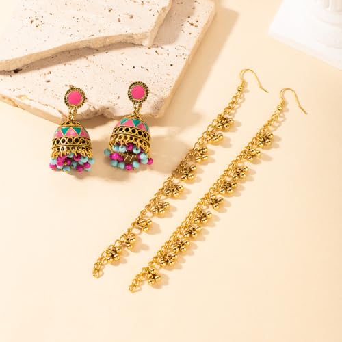Vintage Indian Colorful Bell Tassel Dangle Drop Earrings for Women Boho Multicolor Jhumka Jhumki Stud Earring with Hair Chain Bohemian Ethnic Mexico Gypsy Bollywood Statement Fashion Jewelry4