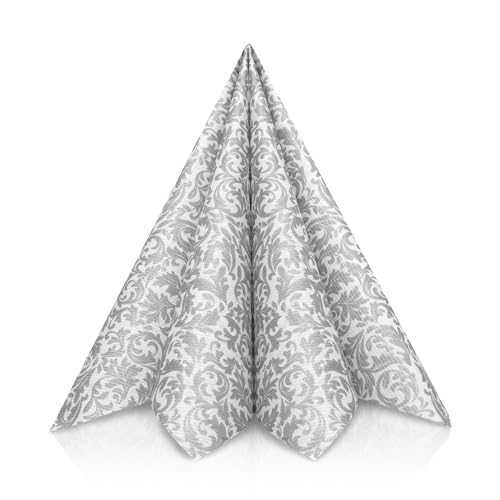 GRUBly® Servietten SILBER, Stoffähnlich [50 Stück], Hochwertige Silberne Servietten, Tischdekoration für Hochzeit, Geburtstag, Feiern, Taufe, Kommunion, Konfirmation, 40x40cm, AIRLAID QUALITÄT