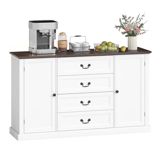 HOMCOM Credenza Cucina, Mobile Cucina con 4 Cassetti Soft Close, Piano d'appoggio Spesso, Credenza Buffet con Ripiani Regolabili, Stile Rustico, per Soggiorno, Sala da Pranzo, 147x40x87 cm, Bianco