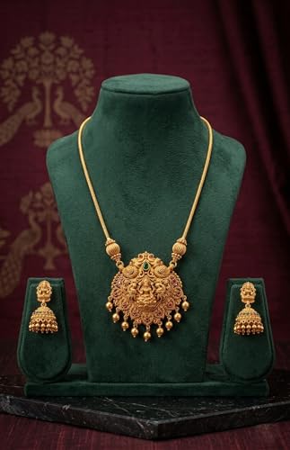 Image of Traditional Gold-Plated Lakshmi Temple Pendant Necklace Set for Women | Antique South Indian Jewelry with Jhumka Earrings | Ethnic Bridal, Wedding & Festive Jewelry Set