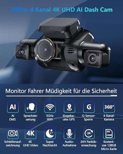 HUPEJOS KI Dashcam Auto Vorne Hinten, 4 Kanal Auto Dashcam mit Fahrer Monitor System (DDAW), 3K+ 3 * 1080P 360° Kamera für Autos WiFi GPS, CPL, 128GB SD Karte, 24H Parküberwachung (V8Pro Privatmodus)