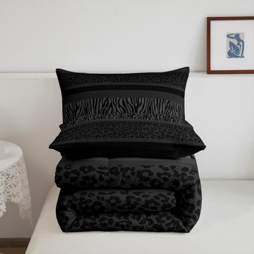 Image of Feelyou Boys Girls Black Gray Zebra Stripes Comforter Set Queen Size, Leopard Print Duvet Insert Animal Fur Bedding Set Kids Teens Bedroom Decor Bed Set 3Pcs