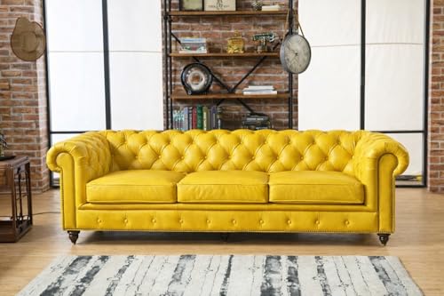 Image of UMAR ARTS Luxury Chesterfield Leatherate Sofa Set, Tufted Genuine Leatherate, Classic Living Room Furniture (Yellow 3+2+1)