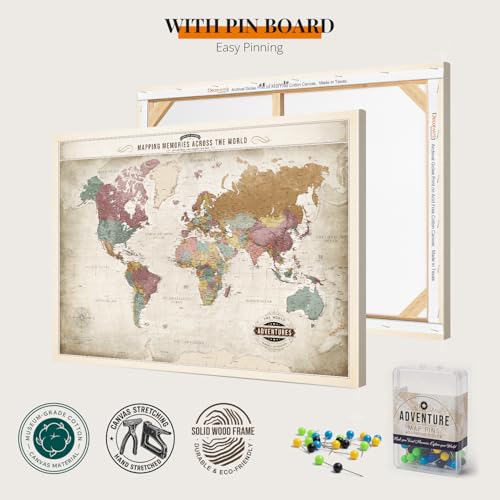 Image of DECORARTS - Oversized World Travel Map with Pins, Pin Board Canvas Wall Art, Extra Large Vintage Pastel World Maps for Wall, Giclee Print, Handcrafted in USA, 40x30''