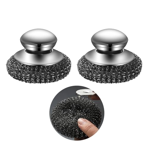 2 pcs Steel Wool Scrubber, Stainless Steel Scourers with Handle, Heavy Duty Scourers with Handle, Cleaning Brush with Handle, Metal Sink Cleaner Scourer for Dishes, Pots, Pans, Grills, Sink