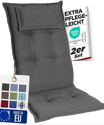 gardisun Gartenstuhlauflagen Hochlehner mit Kopfteil I Extra Dicke Sitzauflagen I Made in Europe I Polsterauflagen für Hochlehner I Auflagen mit extra hohem Komfort I 2er Set I Anthrazit