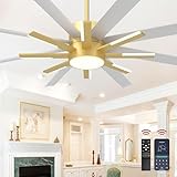 Fande-Aire 72 inch Large Ceiling Fans with Lights and Remote，Indoor/Outdoor Modern Ceiling Fan for Living Room Patio，6 Speed Reversible，8 Blades and 9 Lights，3 CCT，White Gold