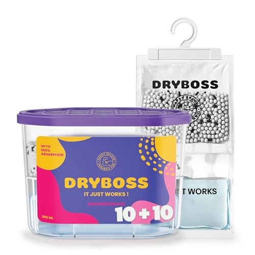 DRYBOSS Pack Duo 10 Trockenmittel-Beutel + 10 Entfeuchter-Boxen | Luftentfeuchter gegen Feuchtigkeit und Schimmel | Für Kleiderschrank, Schubladen, Bad, Keller, Auto | Silicagel Dehumidifier