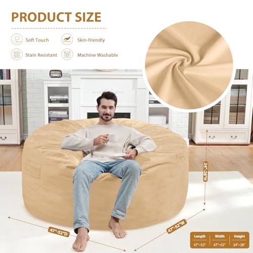 5FT Bean Bag Chair, Large Bean Bag Chairs with Memory Foam Filled, Fluffy Beanbag Sofa with Dutch Velvet Cover, Round BeanBag Chairs for Living Room, Playroom - Khaki