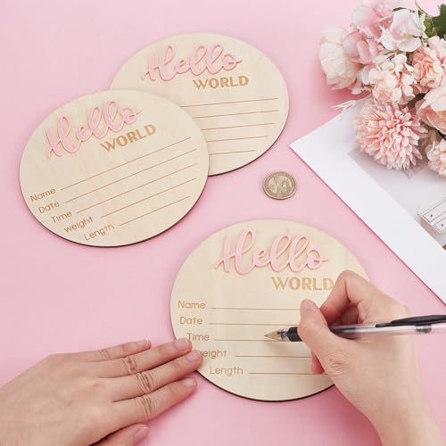 Image of 3Pcs Hello World Newborn Welcome Board 5.9Inches Newborn Announcement Sign Wooden Stat Plaque Souvenir and Gifts Pink for New parents Home Hospital Nursary Decoration
