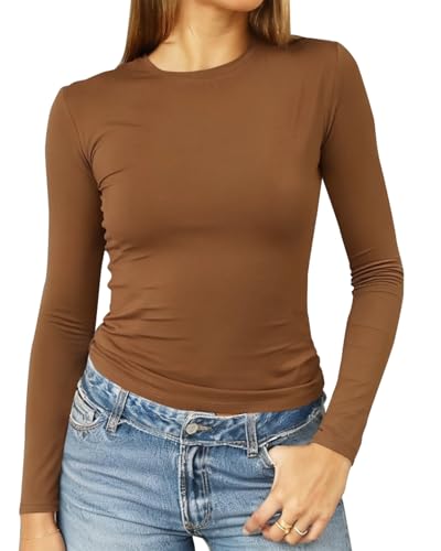 Image of Abardsion Women's Slim Lightweigh Long Sleeve T Shirts | Fall Clothes 2026 Casual Basic Crewneck Going Out Crop Tops Y2K