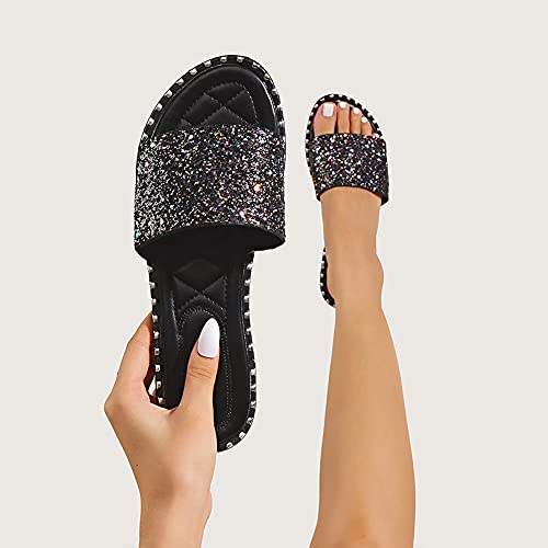 Image of Women's Open Toe Flat Sandals Rhinestone Glitter On Casual Fashion Slippers Quick Drying Indoor & Outdoor Slides