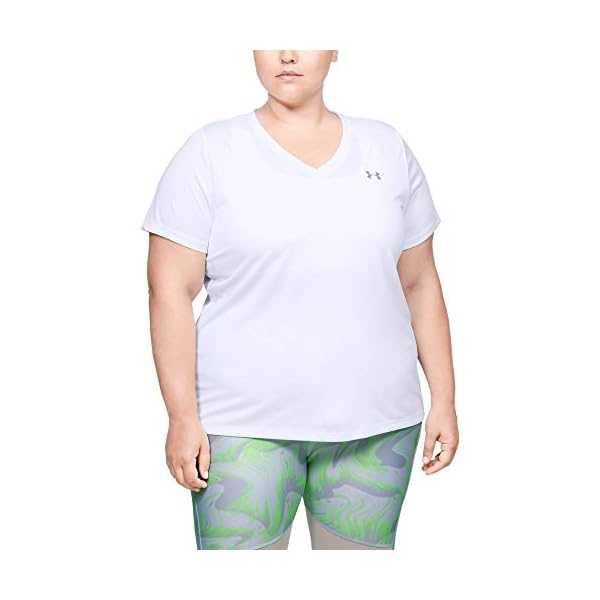 Under-Armour-Womens-Tech-Short-Sleeve-V-Neck-Solid Under Armour womens Tech Short-Sleeve V-Neck - Solid , White (100)/Metallic Silver , 3X