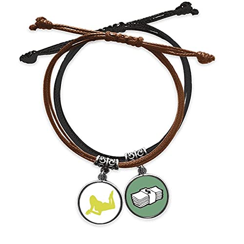 Pulsera dinero cuero amarillo ajustable y cadena de cuerda larga para mujer