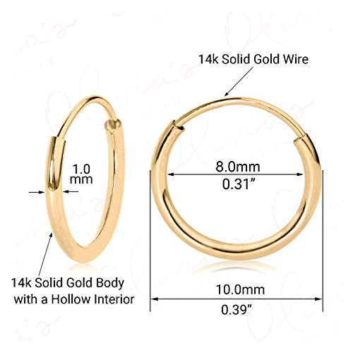 Olivia's Collection 14K White or Yellow Gold Lightweight Endless Hoop Earrings (10–20mm) Sizes, True 1.0mm Width, Perfect for Lobe & Upper Lobe Piercings, Unisex Design for Women, Men, and Teens2