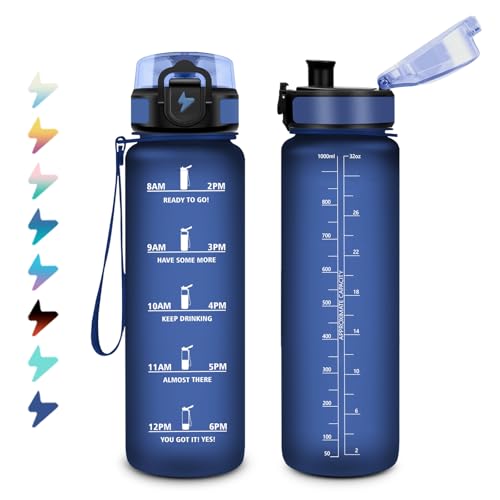 KollyKolla Botella Agua 1L, Cantimplora con Filtro, a Prueba de Fugas, Fácil de Limpiar, Botella Agua con Marcador de Tiempo, con Cierre Seguro, para Gimnasio, Senderismo, Adultos