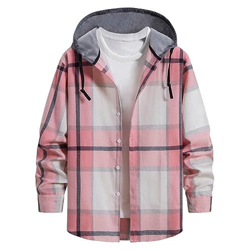 Mens Trendy Plaid Flannel Jackets Hoodies Button Down Long Sleeves Lightweight Loose Coats Casual Windproof Tops
