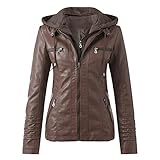 BIBOKAOKE Damen Kunstleder Jacke Langarm Zip Lederoptik Bikerjacke Stehkragen Slim Fit Lederjacke Damen Kunstleder Lederjacke Motorrad Jacke mit Abnehmbarer Kapuze Übergangsjacke