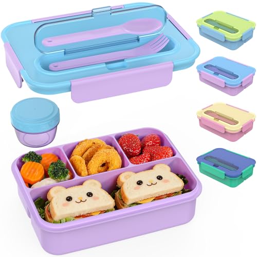Caperci Bento Box for Kids - 50oz Larger Lunch Box Containers for Kids, Reinforced Leakproof, Built-in Sauce Cup, Utensils, 4 Compartments, BPA-Free Microwave & Dishwasher Safe (Lavender Pop)