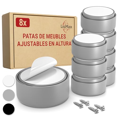 LouMaxx Patas para Muebles de Altura Regulable, 4 Patas para Muebles de plástico en Gris – Elevador de Muebles Pegar o atornillar