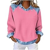 Women's Denim Patchwork Waffle Shirts, Long Sleeve Lapel Y2K Comfy Tops Casual Daily Clothes