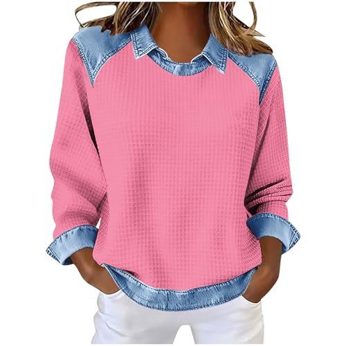 Women's Denim Patchwork Waffle Shirts, Long Sleeve Lapel Y2K Comfy Tops Casual Daily Clothes