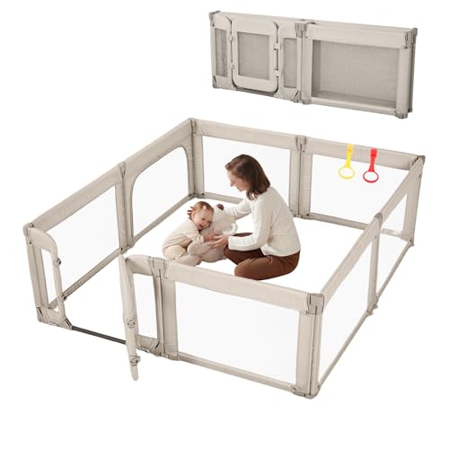 Image of Cosola Large Baby Playpen for Babies and Toddlers 79x71 Inch, Adjustable Foldable Indoor & Outdoor Play Pen for Toddlers Twins Baby Fence Play Yards with Breathable Mesh Anti-Fall Playpen,Khaki