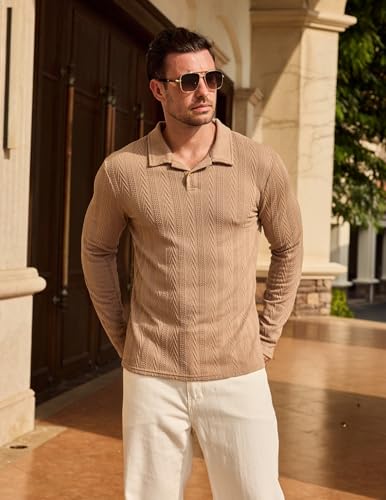 Mens Knit Polo Shirts Long Sleeve Casual Textured Golf Polo Shirts Dress Collared Sweater Pullover3