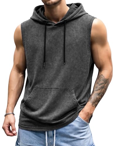 JMIERR Mens 2026 Vintage Washed Sleeveless Hoodie Tank Top Cotton Muscle Workout Gym Streetwear Shirt Black