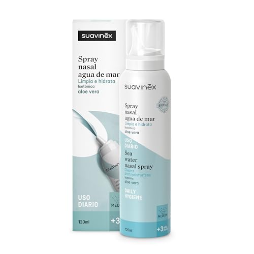 Suavinex, Spray Nasal Infantil con Agua de Mar, Apto Bebés y Niños +3 Años, Isotónico, para la Higiene Diaria, para Lavados Nasales, Limpia e Hidrata, con Aloe Vera, Fuerza Media, 120 ml