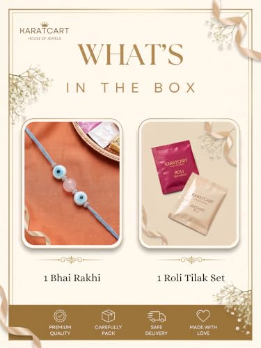 Image of Karatcart Elegant Pink Bead Handmade Evil Eye Rakhi for Brother with Roli & Chawal