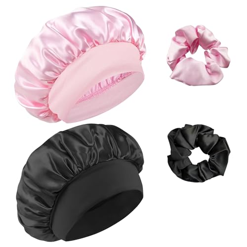 Admygo Satin-Haarmütze für Nacht, mit Gummibändern und Haarkarten, Satin-Mütze, Schlafmütze, Haarschutz, Schwarz + Rosa