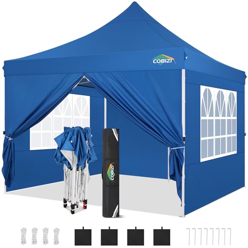COBIZI 10x10ft Pop Up Canopy with 4 Removable Sidewalls, Easy Up Commercial Gazebos, Waterproof and UV50+ Gazebo with Portable Bag, Adjustable Leg Heights, Tents for Parties, with 4 sandbags