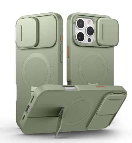 SURITCH for iPhone 16 Pro Max Case with Magnetic Camera Slide Cover and Adjustable Kickstand, Compatible with MagSafe, Shockproof Bumper Case Slim Protective Cover 6.9 Inch, Green