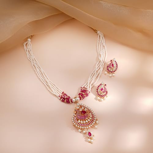 Image of Rubans Pearl Long Necklace Set Gold Plated Traditional Stylish Jewellery Gift for Women & Girls