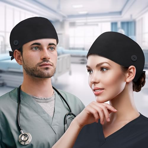 Image of QBA Adjustable Working Cap with Button, Cotton Working Hat Sweatband, Elastic Bandage Tie Back Hats for Women & Men, One Size