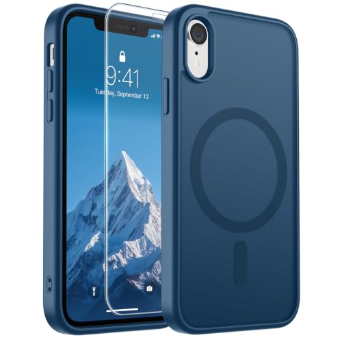Image of SUPFINE Magnetic for iPhone XR Phone Case Deep Blue | With Screen Protector, Translucent Matte, Compatible with MagSafe, Military Grade Drop Proof, Rugged Shockproof Protective
