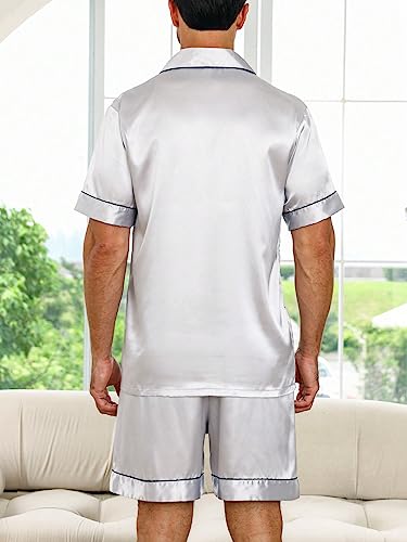 WDIRARA Men's Sleepwear Contrast Binding Button Front Short Sleeve Shirt and Shorts Satin Pajama Set2