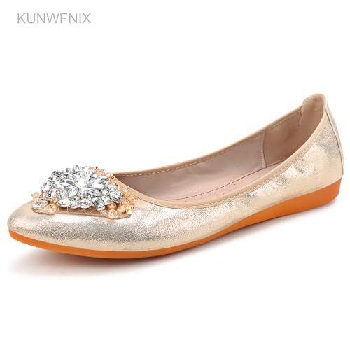 Image of KUNWFNIX Women Ballet Flats Rhinestone Wedding Ballerina Shoes Foldable Sparkly Comfort Slip on Flat Shoes