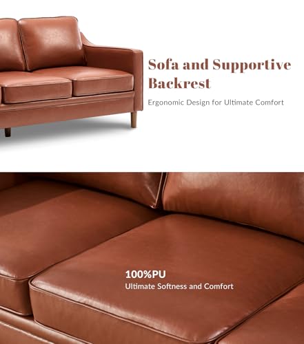 Image of Kingfun 80 inch Faux Leather Sofa, 3 Seater Couch, Mid Century Modern Couches with Solid Wood Legs for Living Room Bedroom