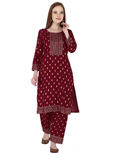 Image of Women's Rayon Printed Kurta with Palazzo Set (Small, Maroon Palazzo Set)