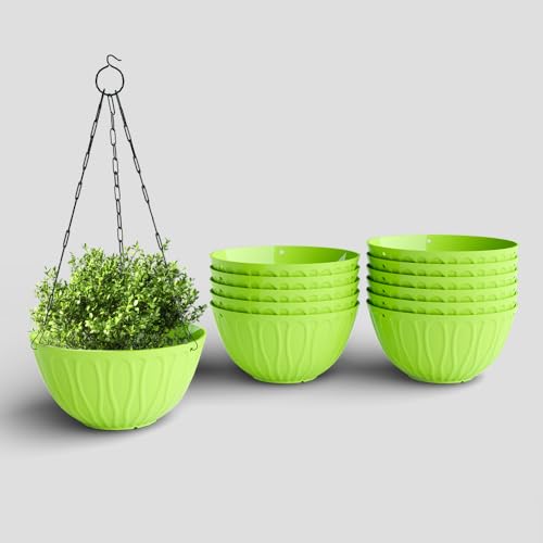 Image of YUCCABE ITALIA SHERA Hanging Wave 8 Inch Plastic Flower Pot for Plant Pack of 12 Pcs Round Shape Hanging Pot for Balcony Railing Planters for Indoor and Outdoor Garden (Green)