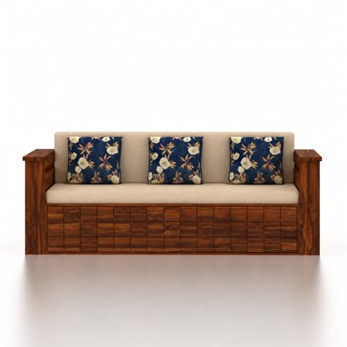 Image of Ganpati Arts Solid Sheesham Wood Diamond 3 Seater Sofa Cum Bed with Storage and Side Pockets for Living Room Wooden Furniture Sofa Bed for Home - Natural Finish 1 Year Warranty, Beige, 3-Person Sofa