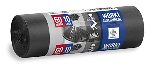 ANNA ZARADNA ST-AZ-010547 Lot de 10 sacs poubelle indéchirables super résistants 60 l | Sacs poubelle pour déchets ménagers et bureau en polyéthylène basse densité épais - Couleur : noir Cover