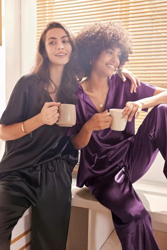 Image of Ekouaer Mens Satin Pajamas Set Button-Down Short /Long Sleeve Shirt Top Soft Silk Sleepwear Loose Pocket Pant Loungewear