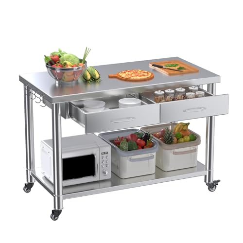 JFHID Stainless Steel Work Table with Drawers, 48'x24' Prep Table for Commercial Kitchen, Heavy-Duty Workbench Worktable Rolling Kictchen Island with Wheels for Home Kitchen and Restaurant