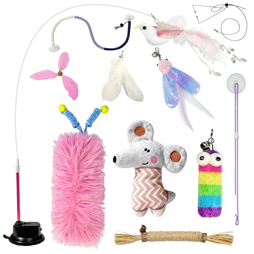 CUUOOT 7-in-1 Interaktives Katzenspielzeug Selbstbeschäftigung Katzenangel mit waschbarem Saugnapf, Hängendes Katzenspielzeug, Katzenminze Stick und...