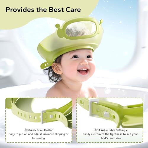 Image of FUNUPUP Baby Shower Cap for Kids, Baby Bath Shampoo Visor Cap Hair Washing Shield Adjustable, Green Robot